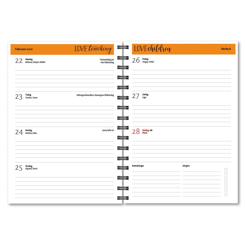 Personlig lärarkalender Love uppslag