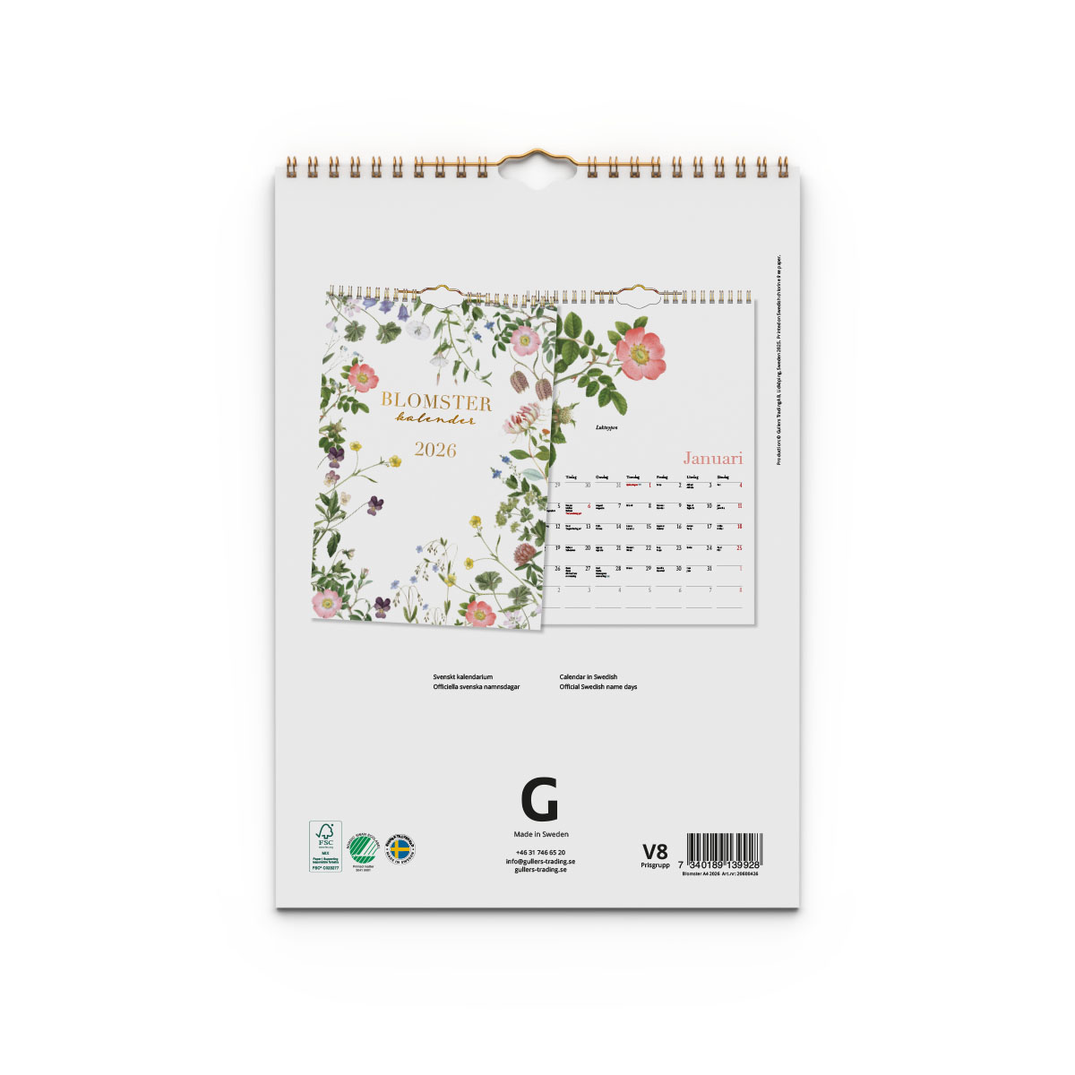 Väggkalender Blomster A4 2026 baksida