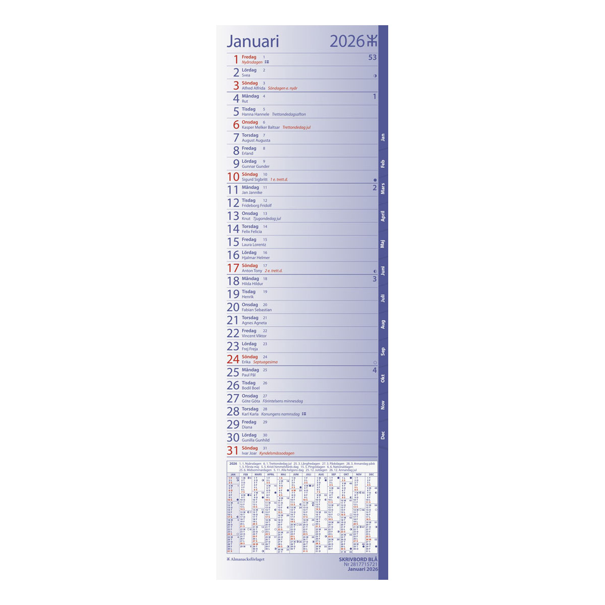 Bordskalender Stora Skrivbord Blå 2026