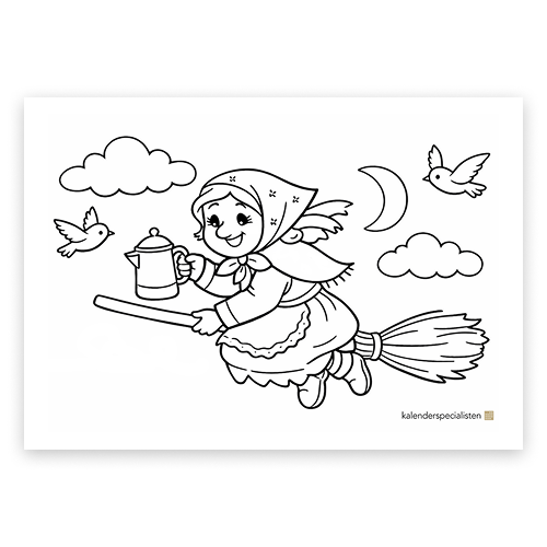 Gratis Målarbild Påskkärring Förhandsvisning av målarbild. En påskkärring flyger på en kvast. Hon håller en kaffekanna. Fåglar flyger vid henne.
