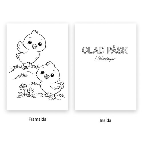 Gratis Påskkort Påskkycklingar Förhandsvisning av påskkort. Framsidas motiv är två kycklingar. Insidan har texten "Glad påsk, hälsningar".